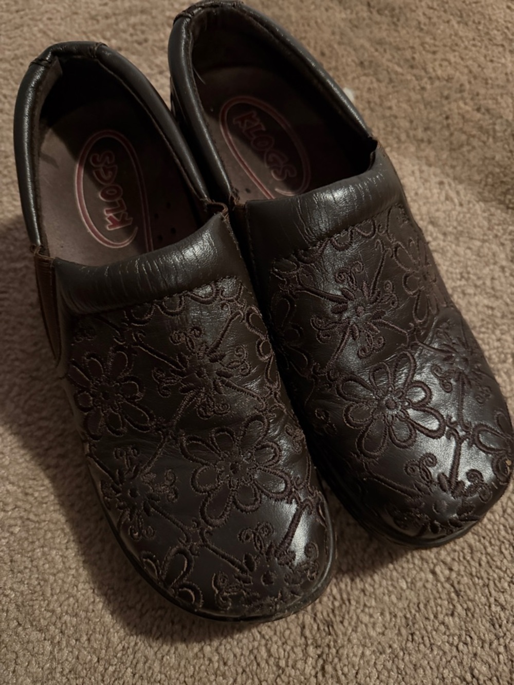 Klogs Dark Brown Embroidered Leather Slip-On Clogs